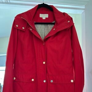 Like New! Michael Kors Red Women's Hooded Raincoat Jacket Trench Coat Sz L